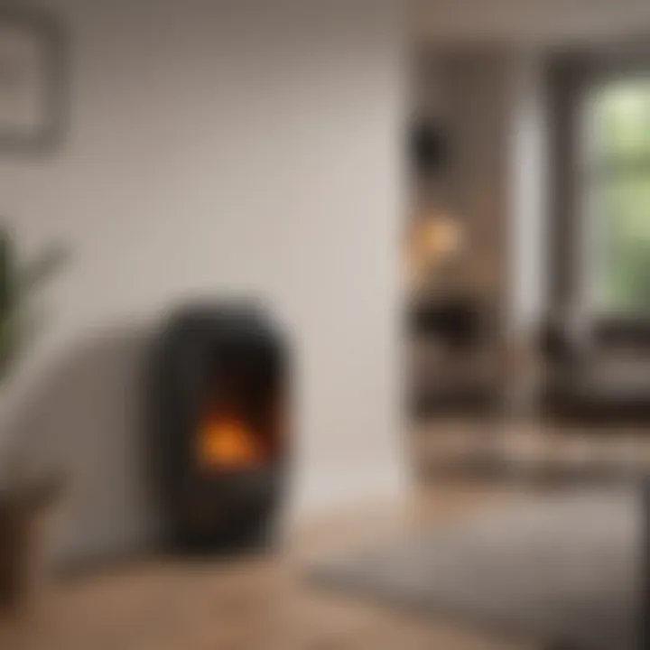 Modern electric heater placed in a spacious living room