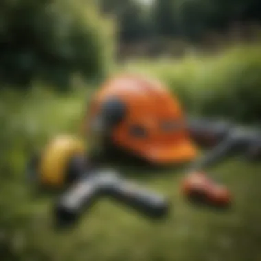 Safety gear for garden maintenance laid out on a grassy surface