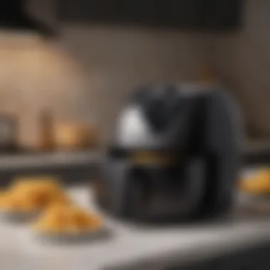 Air Fryer Elegance with Crispy Delights A sleek air fryer on a kitchen countertop with a bowl of crispy fries in front.