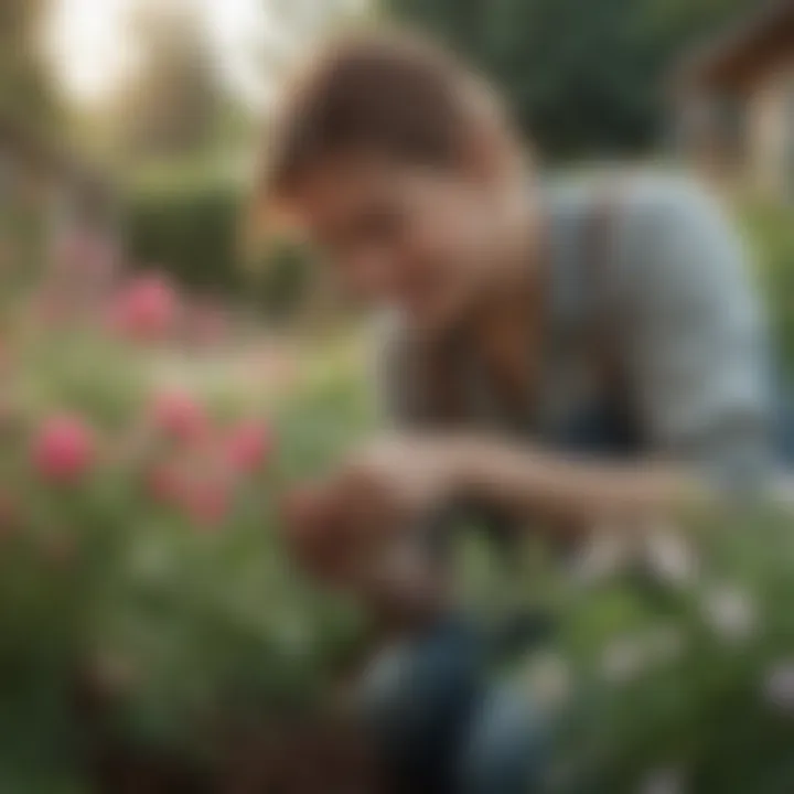 Gardener Tending to Sweet Pea Vines