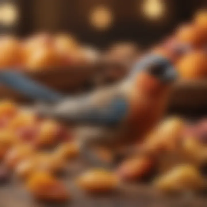 Close-up of a bird enjoying dried fruit