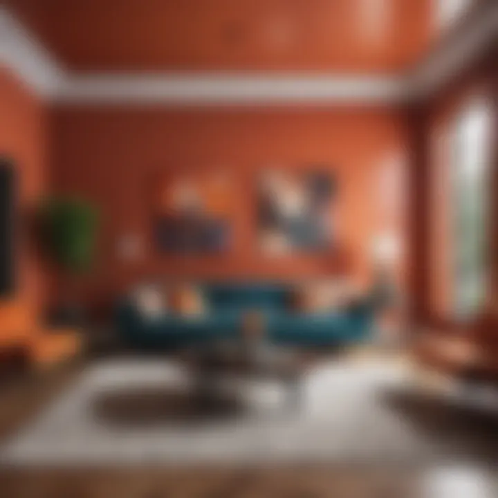 Modern living room with bold color accents and geometric patterns