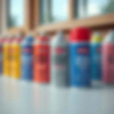 Colorful spray paint cans lined up for vinyl window projects