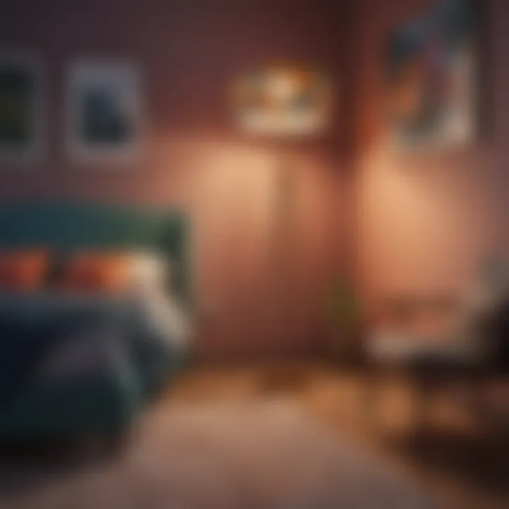 An elegant floor lamp with a kaleidoscope of colors illuminating a cozy bedroom corner