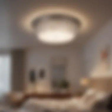 A contemporary ceiling light fixture with a blend of textures and hues enhancing a stylish bedroom.