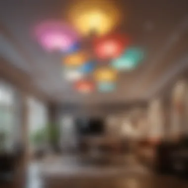 A vibrant array of ceiling lights showcasing various designs and colors in a modern living space.