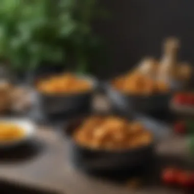 A side-by-side comparison of air-fried and deep-fried food items on a table.