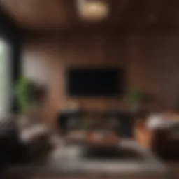 Elegant dark wood wall paneling in a modern living room setup