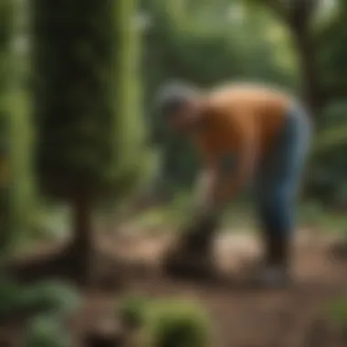 A gardener tending to a dwarf tree, illustrating proper maintenance techniques.