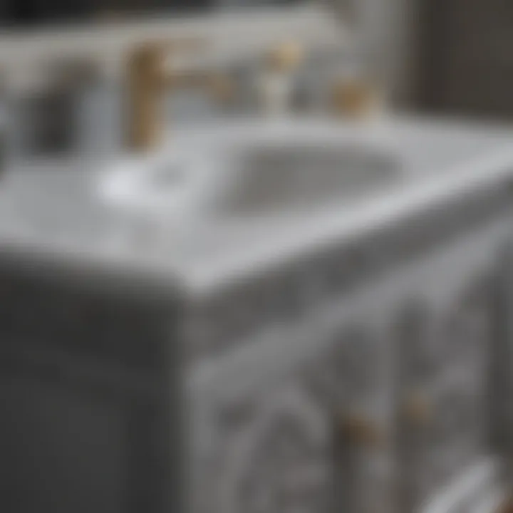 Close-up of grey vanity unit showcasing intricate design details