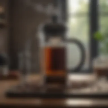 Aromatic coffee being brewed in a French press with coffee beans