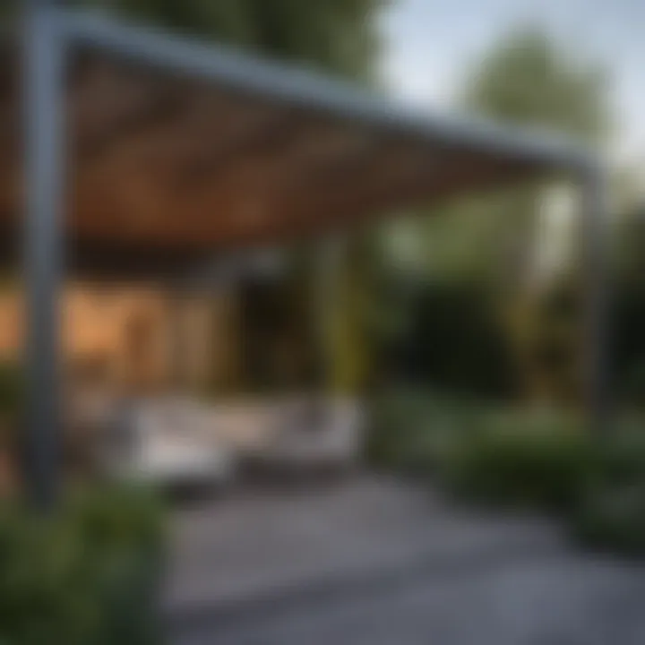 Sleek modern pergola providing shade in a luxurious garden setting