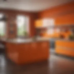 Vibrant orange accent wall in a modern kitchen showcasing decor elements.