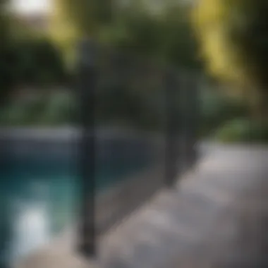 Minimalist black metal pool fence against a serene backdrop