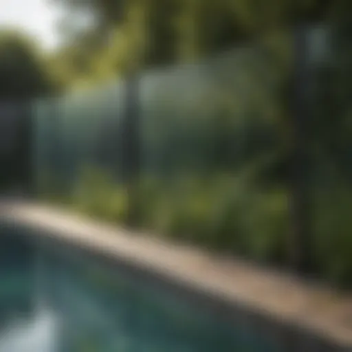 Modern glass pool fence with greenery reflection