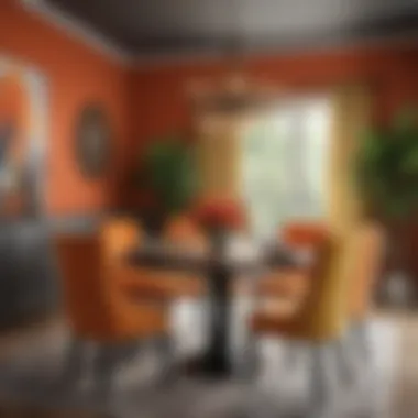 A vibrant dining area featuring bold color contrasts