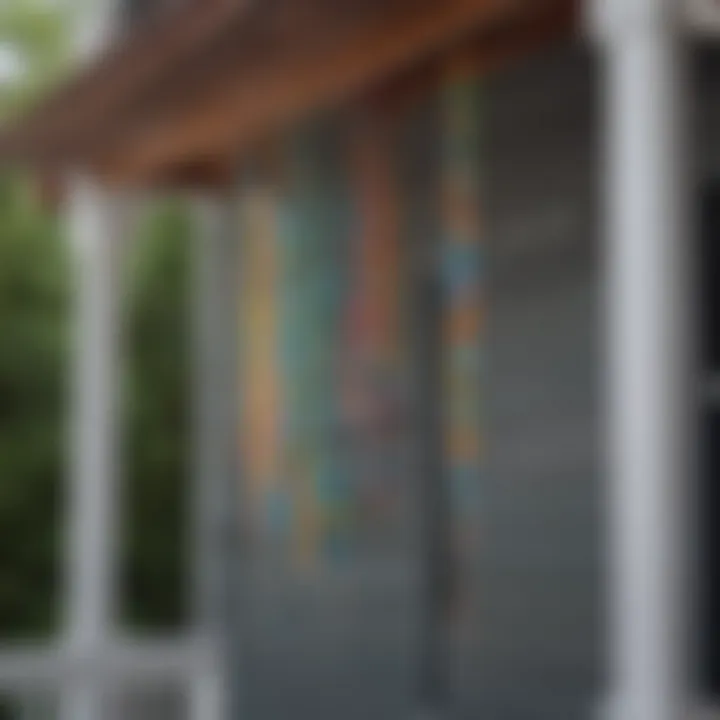 Colorful ceramic rain gutter chimes hanging on a porch