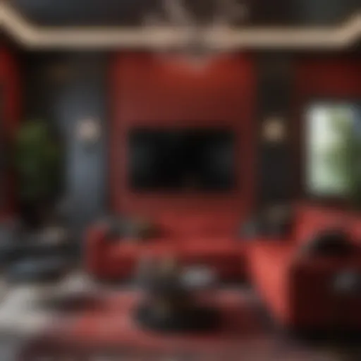 Sophisticated living room featuring red and black accents