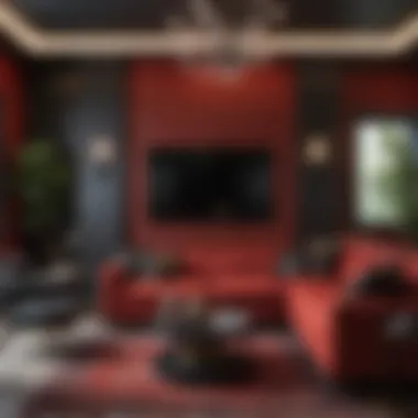 Sophisticated Living Room with Red and Black Accents Sophisticated living room featuring red and black accents