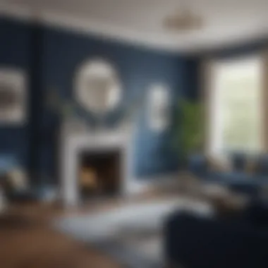 Elegant living room showcasing navy blue accent walls