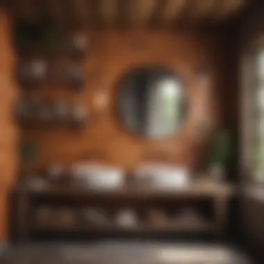 Warm color palette showcasing rustic tiles and wooden shelves