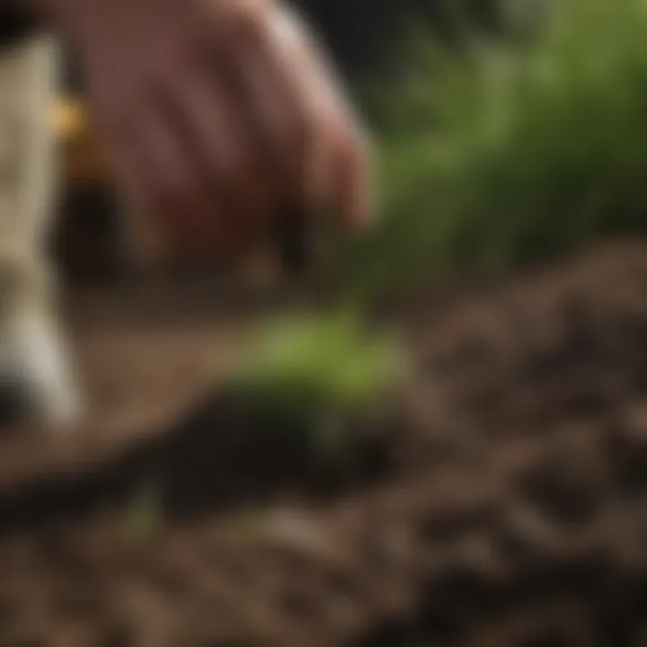 Gardener planting St. Augustine grass seed in soil