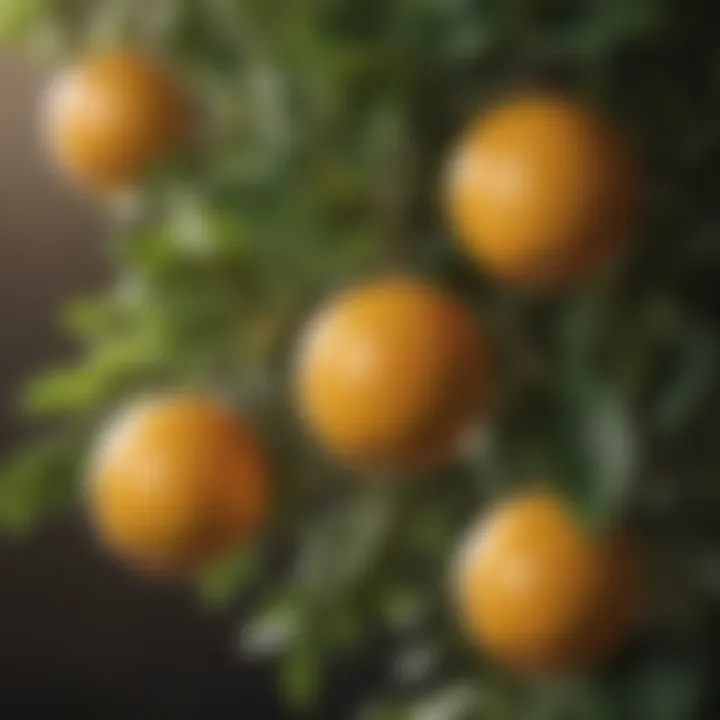 Close-up of citrus fruits hanging delicately on a small tree