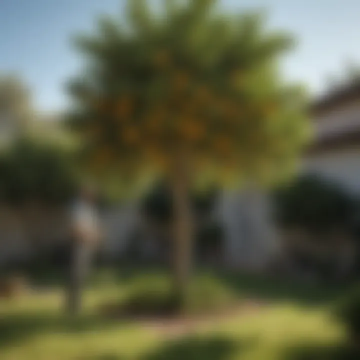 Healthy citrus tree with a gardener inspecting its growth