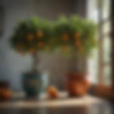 An indoor setting showcasing small citrus trees in decorative pots