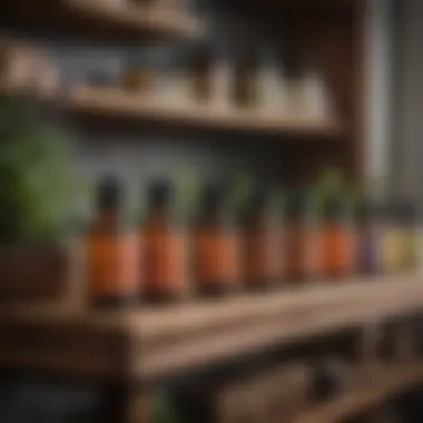 A selection of essential oils displayed elegantly on a wooden shelf