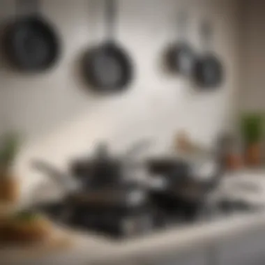 Nonstick sauté pans arranged artistically on a kitchen counter