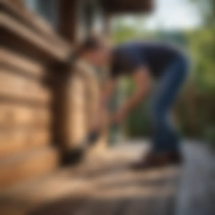 A homeowner applying wood cleaner with a brush