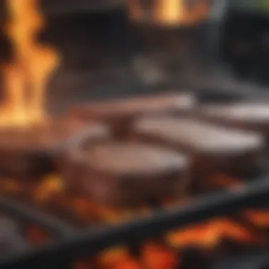 A charcoal grill with vibrant flames and perfectly seared steaks