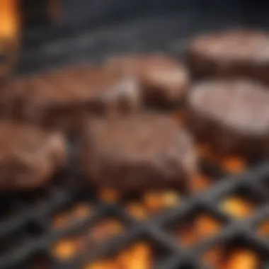 A close-up view of grill grates with sizzling steaks