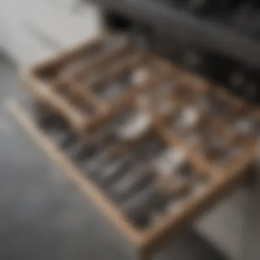 An organised drawer featuring peg systems for kitchen utensils.