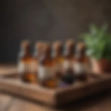 Aromatic essential oils in glass bottles on a wooden tray