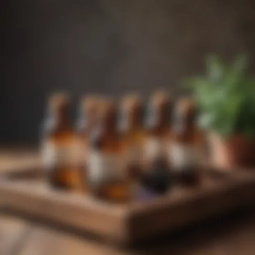 Aromatic essential oils in glass bottles on a wooden tray