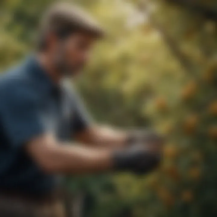 Close-up of a gardener pruning a fruit tree