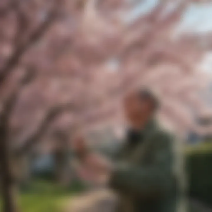 Gardener Inspecting Healthy Cherry Blossom Tree Leaves