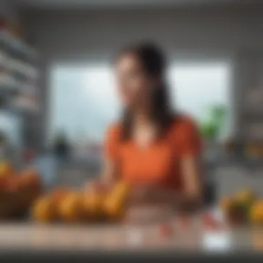 Woman inspecting gnat-infested fruits in a modern kitchen