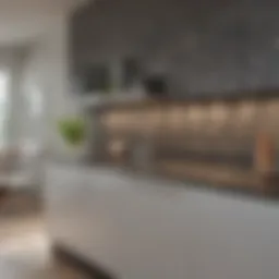 Elegant living space featuring granite-like contact paper on cabinetry