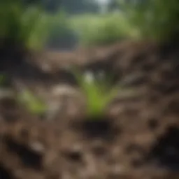 Green grass seedlings emerging from soil