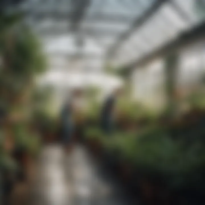 Person tending to plants inside a greenhouse