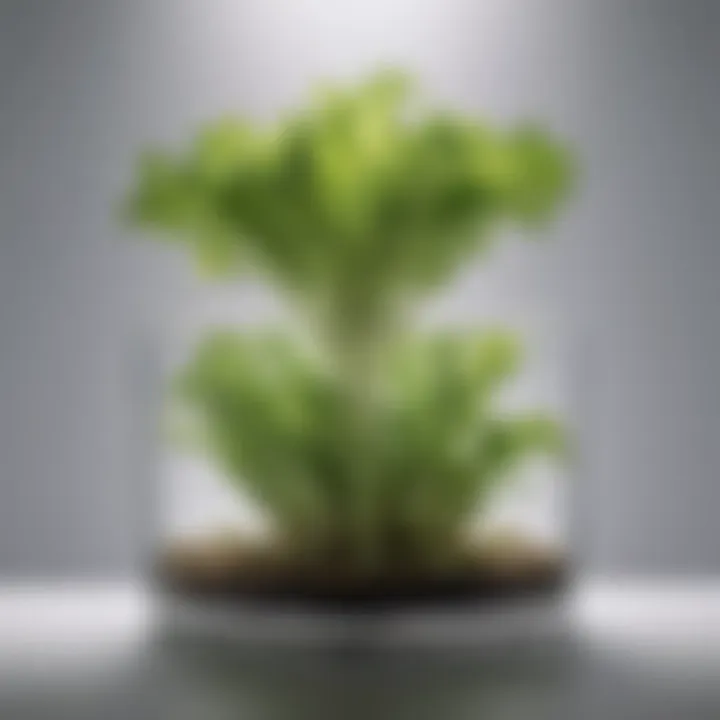 Close-up of root system of thriving indoor iceberg lettuce plant in a transparent container