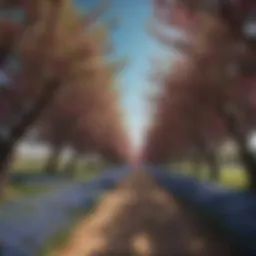 A lush plum orchard under a clear blue sky