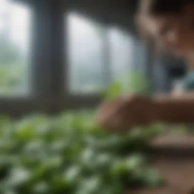 Delicate baby spinach leaves being delicately harvested indoors