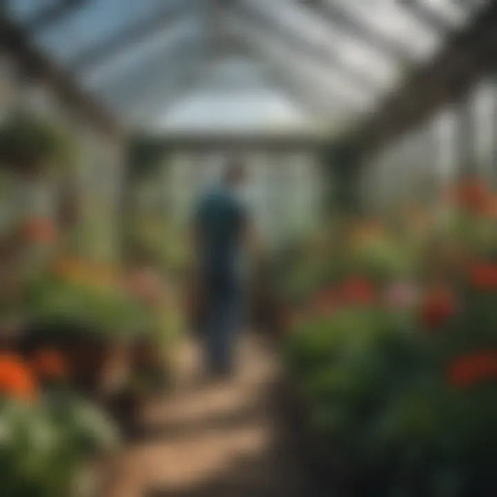 Gardener tending to plants in a vibrant greenhouse