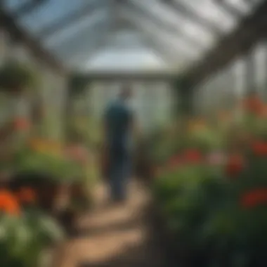 Gardener in a Vibrant Greenhouse Gardener tending to plants in a vibrant greenhouse