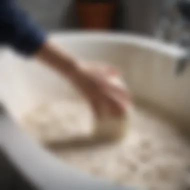 Hand washing a wool area rug with mild detergent in a bathtub