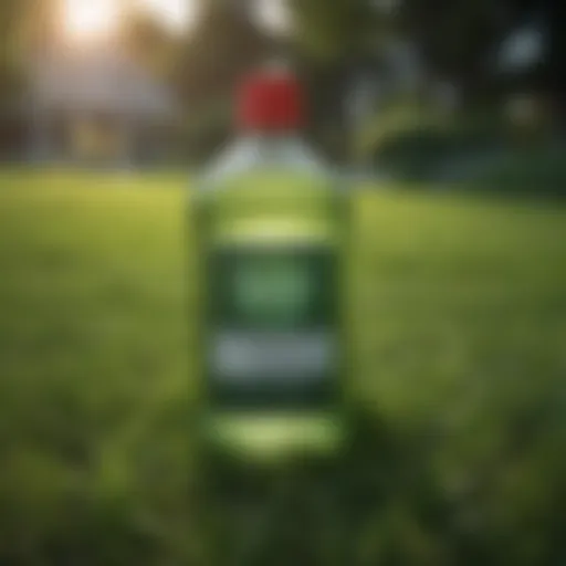 Herbicide bottle on a lush green lawn